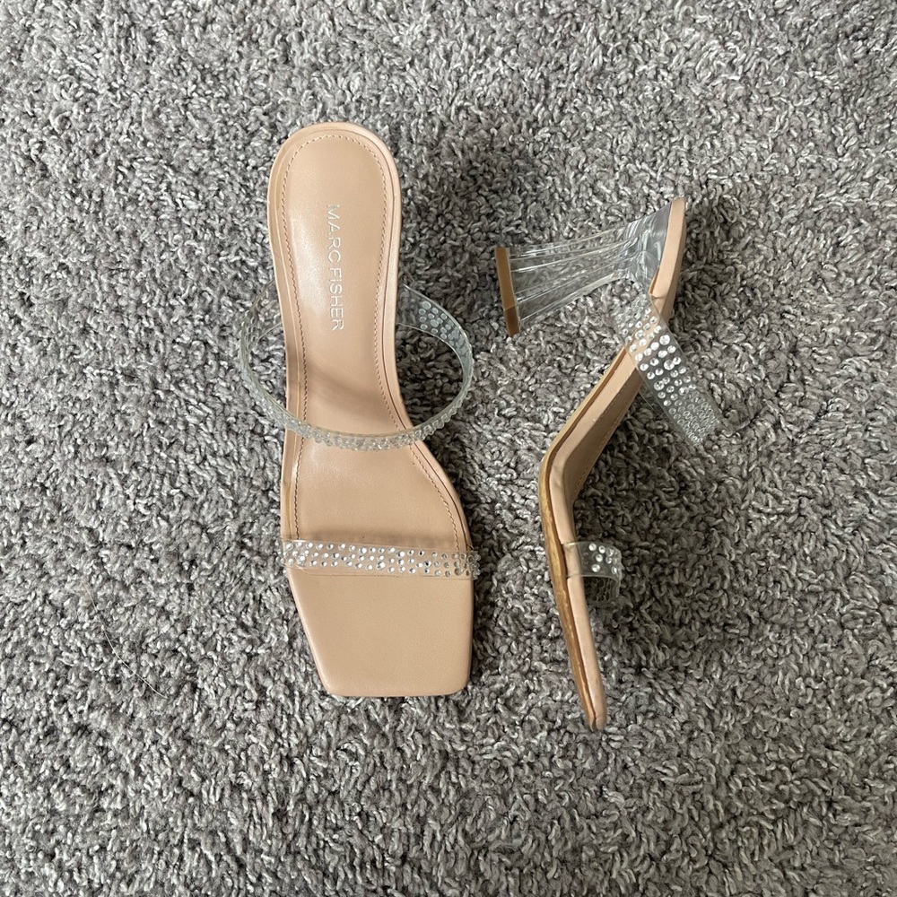 Marc Fisher Tan and Silver Heeled Sandals